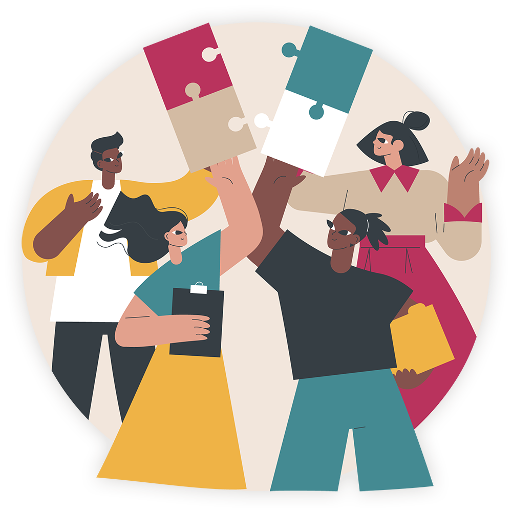 colourful illustration of four workers of diverse backgrounds collaborating