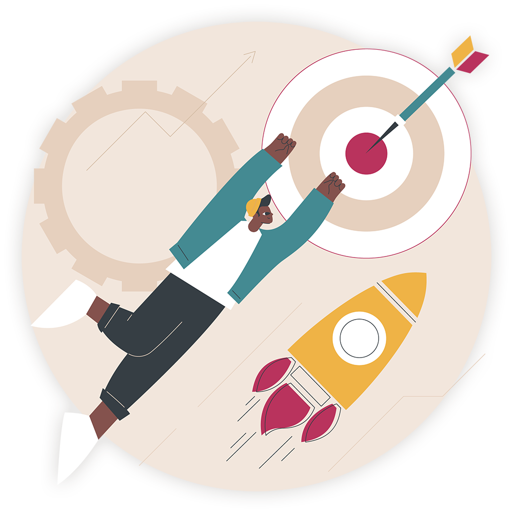 colourful illustration of person and rocket flying towards their target