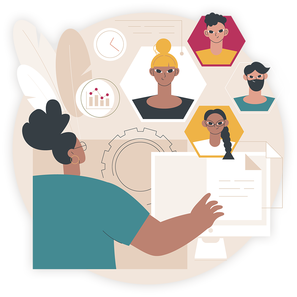 colourful illustration of manager working with team