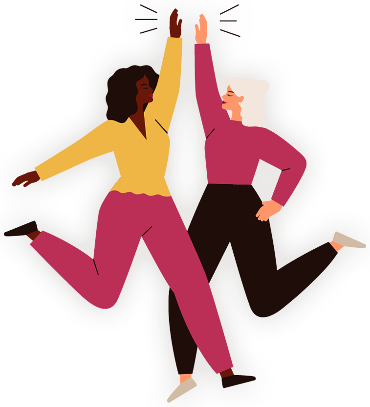 colourful illustration of two ladies jumping and touching hands in exultation
