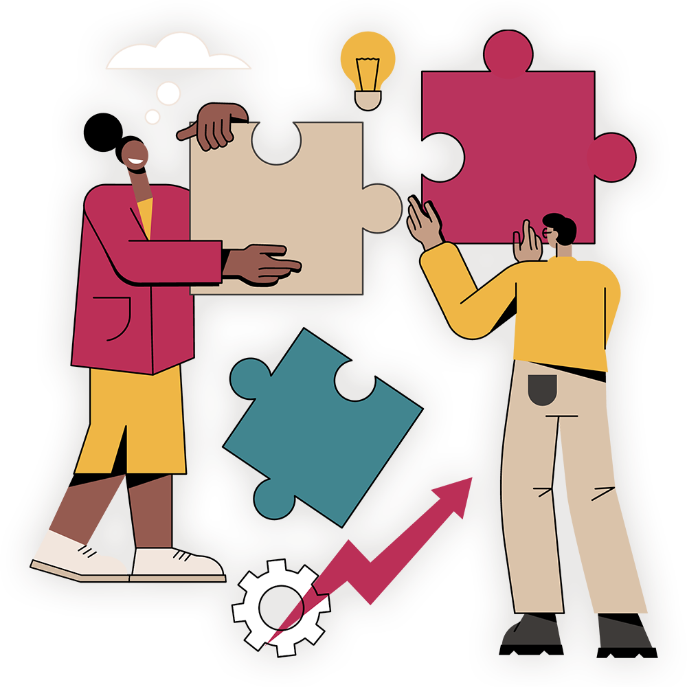 colourful illustration of two people fitting huge puzzle pieces together