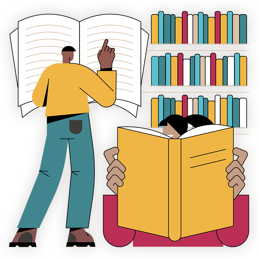 colourful Illustration of people doing academic research in library